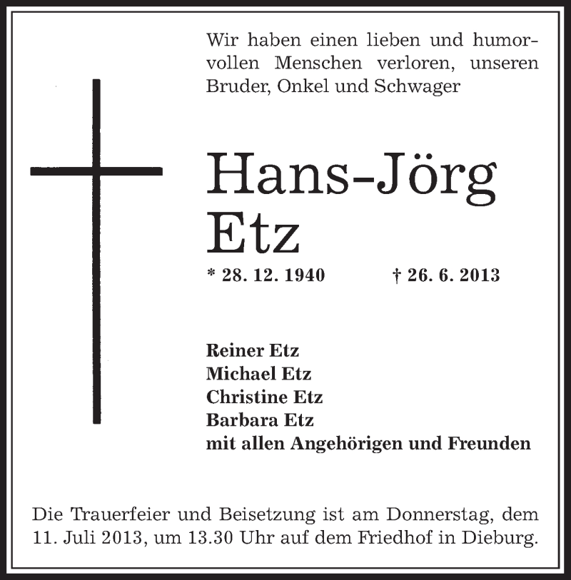  Traueranzeige für Hans-Jörg Etz vom 06.07.2013 aus Offenbach