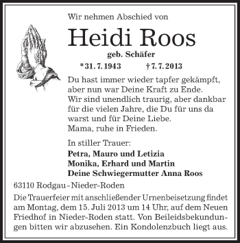 Traueranzeige von Heidi Roos von Offenbach