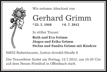 Traueranzeige von Gerhard Grimm von Offenbach