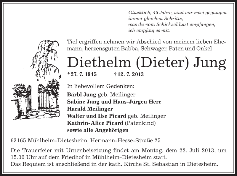  Traueranzeige für Diethelm Jung vom 18.07.2013 aus Offenbach