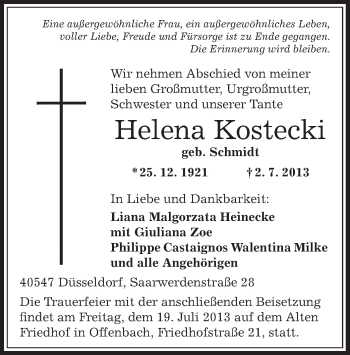 Traueranzeige von Helena Kostecki von Offenbach