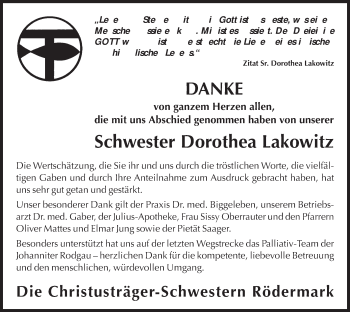 Traueranzeige von Dorothea Lakowitz von Offenbach