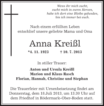 Traueranzeige von Anna Kreißl von Offenbach