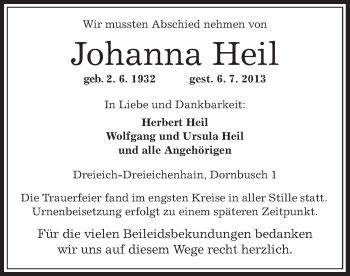 Traueranzeige von Johanna Heil von Offenbach