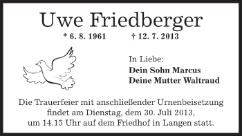 Traueranzeige von Uwe Friedberger von Offenbach