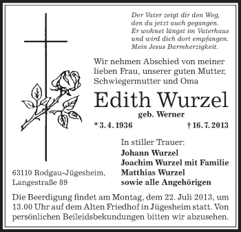 Traueranzeige von Edith Wurzel von Offenbach