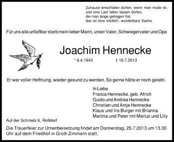 Traueranzeige von Joachim Hennecke von Offenbach