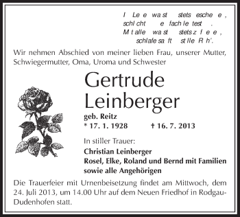 Traueranzeige von Getrude Leinberger von Offenbach