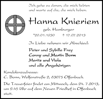 Traueranzeige von Hanna Knieriem von Offenbach