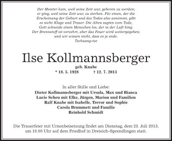 Traueranzeige von Ilse Kollmannsberger von Offenbach