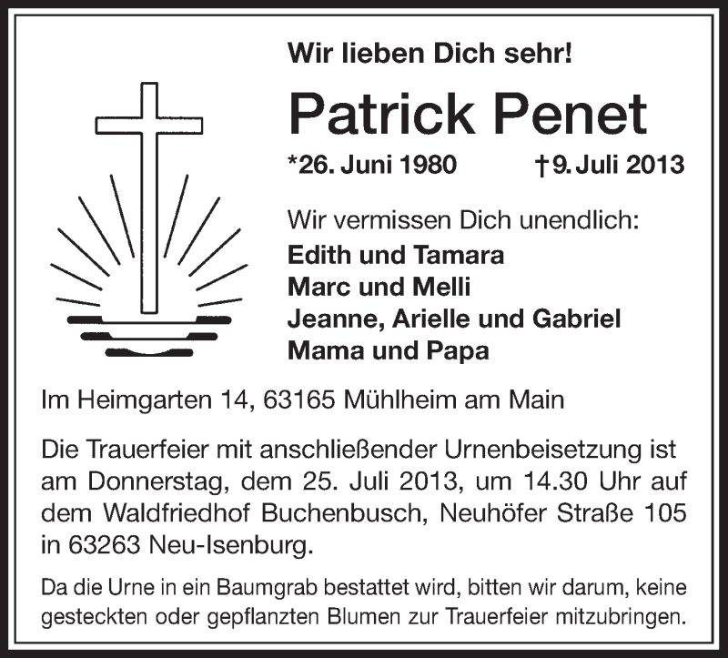  Traueranzeige für Patrick Penet vom 22.07.2013 aus Offenbach