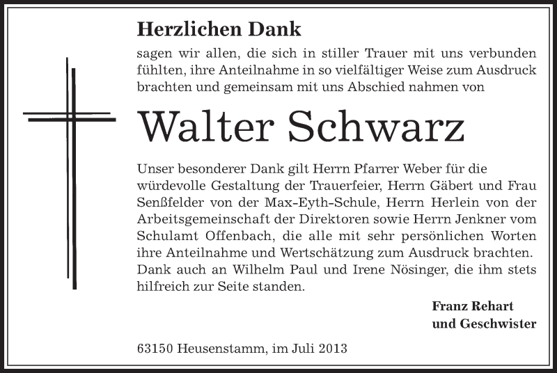  Traueranzeige für Walter Schwarz vom 24.07.2013 aus Offenbach