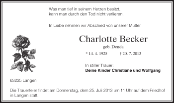 Traueranzeige von Charlotte Becker von Offenbach