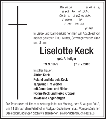 Traueranzeige von Liselotte Keck von Offenbach