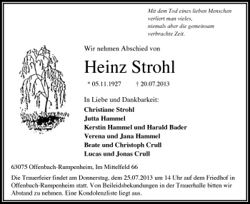 Traueranzeige von Heinz Strohl von Offenbach