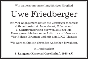 Traueranzeige von Uwe Friedberger von Offenbach