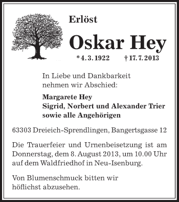 Traueranzeige von Oskar Hey von Offenbach