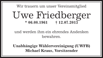 Traueranzeige von Uwe Friedberger von Offenbach