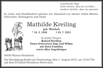 Traueranzeige von Mathilde Kreiling von Offenbach