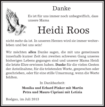 Traueranzeige von Heidi Roos von Offenbach