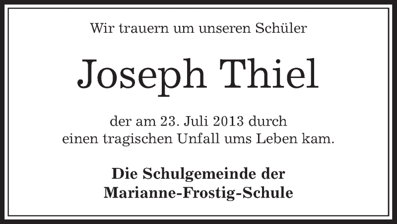  Traueranzeige für Joseph Thiel vom 30.07.2013 aus Offenbach