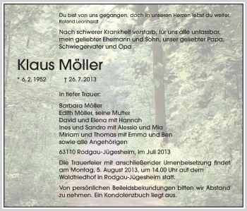 Traueranzeige von Klaus Möller von Offenbach