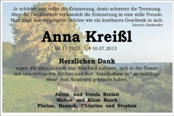 Traueranzeige von Anna Kreißl von Offenbach