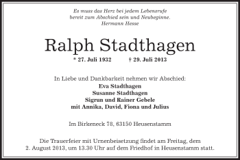 Traueranzeige von Ralph Stadthagen von Offenbach