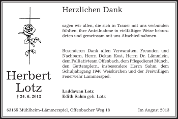 Traueranzeige von Herbert Lotz von Offenbach