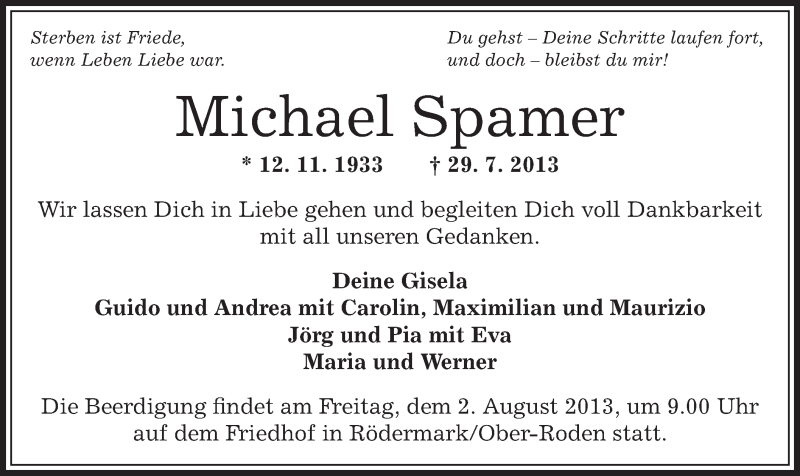  Traueranzeige für Michael Spamer vom 31.07.2013 aus Offenbach