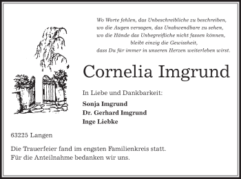 Traueranzeige von Cornelia Imgrund von Offenbach