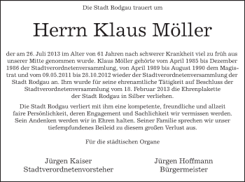 Traueranzeige von Klaus Möller von Offenbach