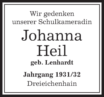 Traueranzeige von Johanna Heil von Offenbach