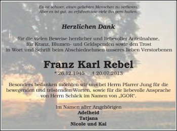 Traueranzeige von Franz Karl Rebel von Offenbach