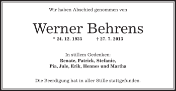 Traueranzeige von Werner Behrens von Offenbach