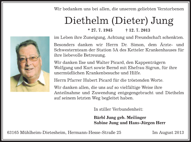  Traueranzeige für Diethelm Jung vom 08.08.2013 aus Offenbach