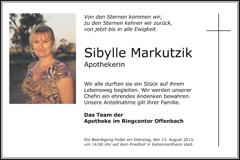  Traueranzeige für Sibylle Markutzik vom 10.08.2013 aus Offenbach