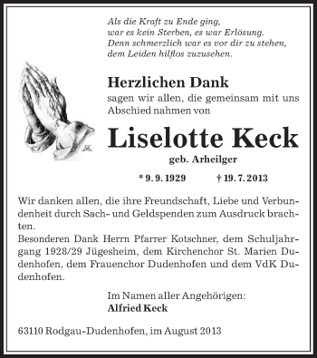 Traueranzeige von Liselotte Keck von Offenbach