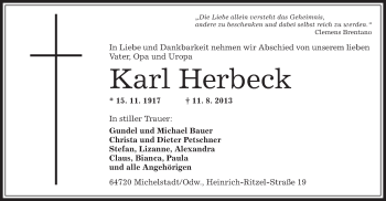 Traueranzeige von Karl Herbeck von Offenbach