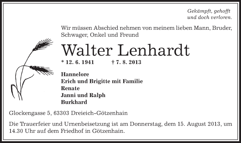  Traueranzeige für Walter Lenhardt vom 14.08.2013 aus Offenbach