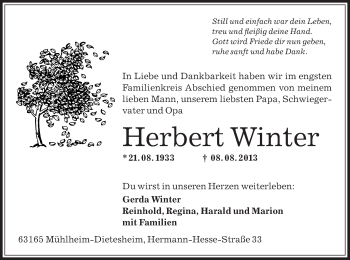 Traueranzeige von Herbert Winter von Offenbach