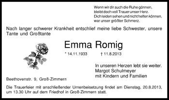 Traueranzeige von Emma Romig von Offenbach