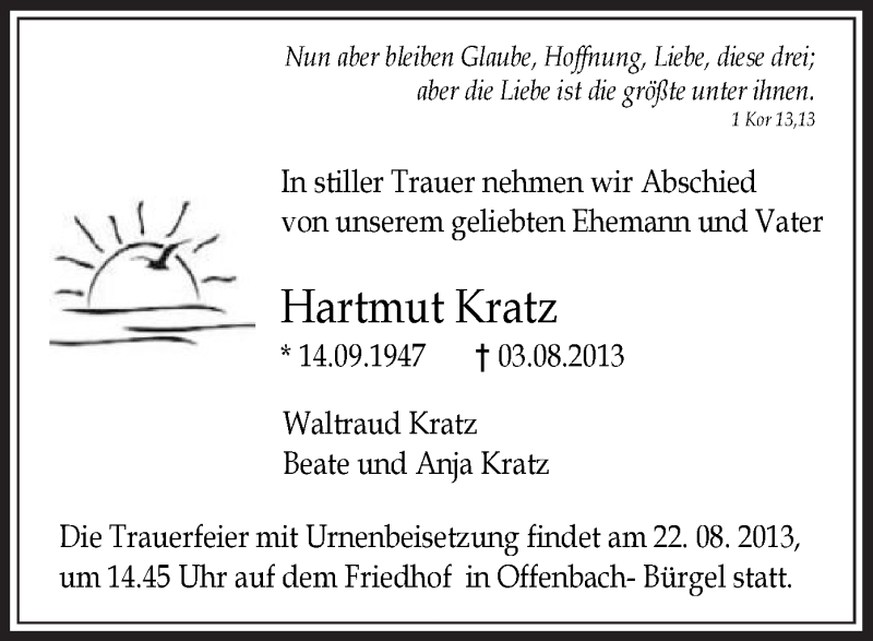  Traueranzeige für Hartmut Kratz vom 17.08.2013 aus Offenbach