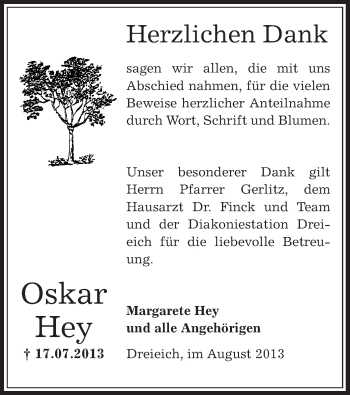 Traueranzeige von Oskar Hey von Offenbach