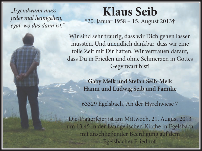  Traueranzeige für Klaus Seib vom 20.08.2013 aus Offenbach
