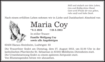 Traueranzeige von Maria Coy von Offenbach