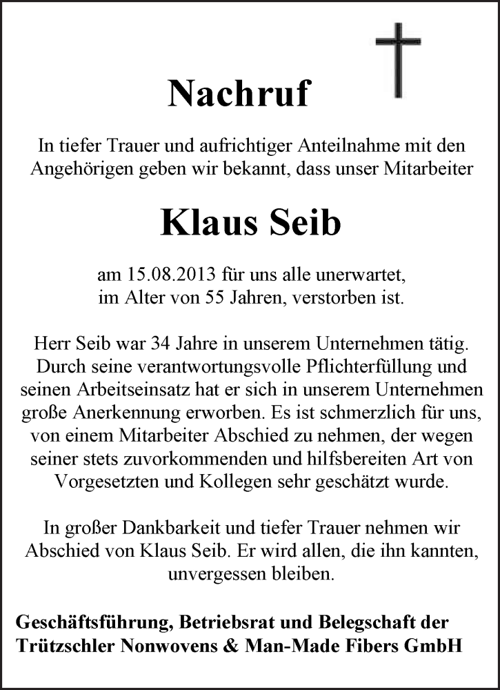  Traueranzeige für Klaus Seib vom 29.08.2013 aus Offenbach
