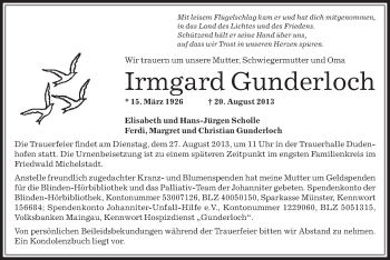 Traueranzeige von Irmgard Gunderloch von Offenbach