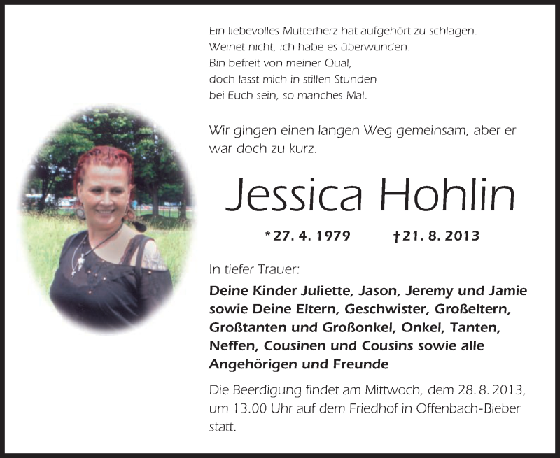  Traueranzeige für Jessica Hohlin vom 24.08.2013 aus Offenbach