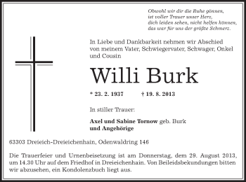 Traueranzeige von Willi Burk von Offenbach